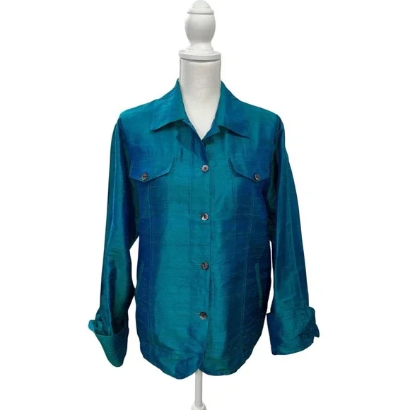 VTG ANU by Natural Silk Jacket XL Teal Blue Iridescent Shantung Top Art To Wear - Picture 1 of 11